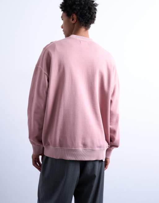 Topman - Premium - Forvasket pink oversized sweatshirt med lavtsiddende skuldre, 5 af 5