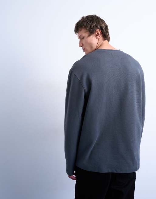 Topman – Premium – Grå, våffeltexturerad henley-tröja med avslappnad passform, 3 av 5
