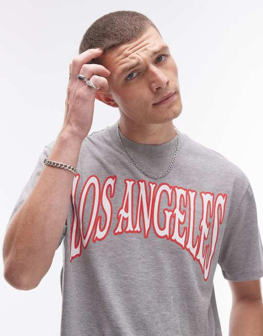 Topman – Premium – Gråmelerad t-shirt med avslappnad passform och "Los Angeles"-tryck, 2 av 4