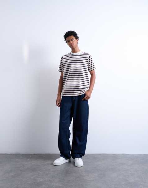 Topman Premium – Granatowy T-shirt oversize w paski - view 1