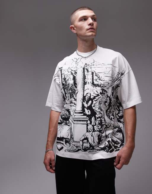 Topman Premium – Gruby T-shirt extreme oversize w kolorze ecru z nadrukiem ze średniowiecznym motywem z przodu i z tyłu