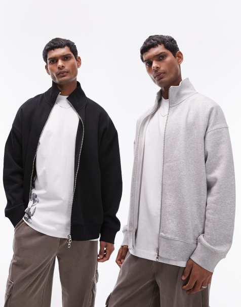 Topman premium heavyweight 2 pack full zip funnel sweatshirt in grey marl and black - view 1
