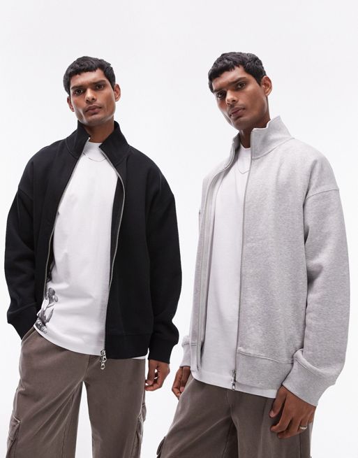 Topman premium heavyweight 2 pack full zip funnel colour-block sweatshirt in grey marl and black