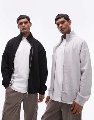 Topman premium heavyweight 2 pack full zip funnel colour-block sweatshirt in grey marl and black