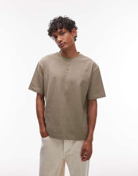 Topman premium heavyweight boxy fit t-shirt in khaki - view 1