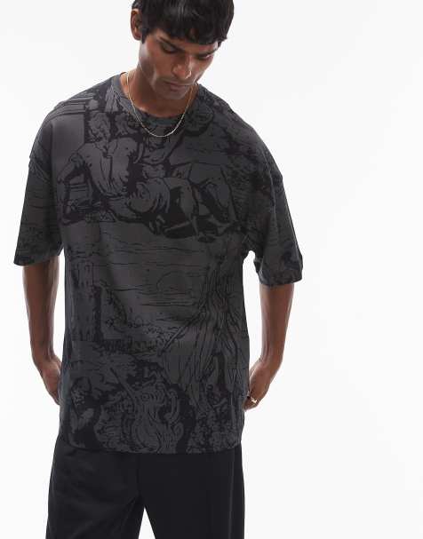 Topman premium heavyweight extreme oversized fit t-shirt with front and back medieval scene print in washed black - view 1