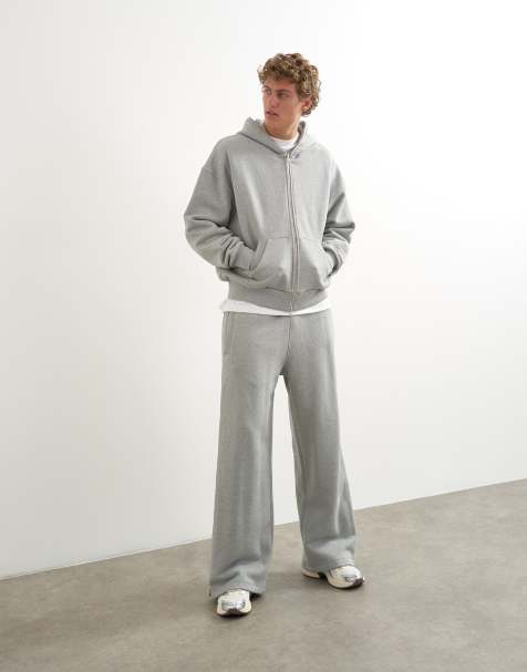 Topman premium heavyweight full side zip wide leg jogger and boxy fit hoodie in grey marl - view 1