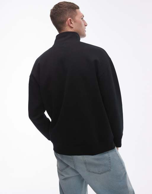 Topman premium heavyweight full zip funnel sweatshirt in black, 3 of 4