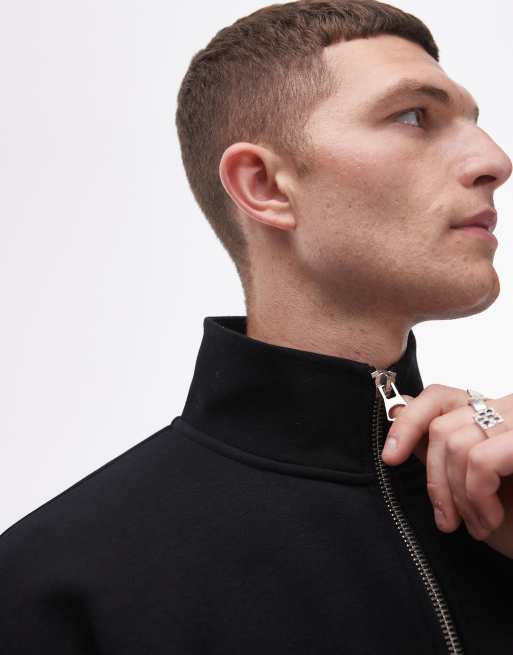 Topman premium heavyweight full zip funnel sweatshirt in black, 4 of 4
