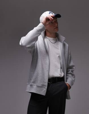 Topman Premium Heavyweight Full Zip Funnel Sweatshirt In Gray Heather