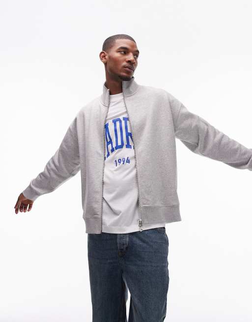 Topman premium heavyweight funnel neck full zip sweat in gray heather