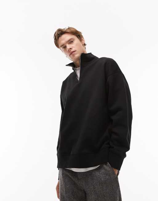 Topman premium heavyweight oversized 1/4 zip sweatshirt in black | ASOS