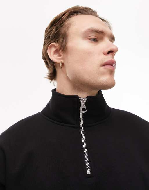 Topman premium heavyweight oversized 1/4 zip sweatshirt in black