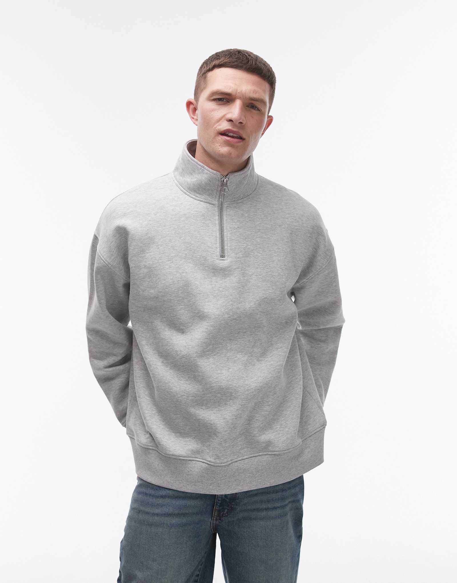 Толстовка Topman premium heavyweight oversize на молнии 1/4 из серого вереска