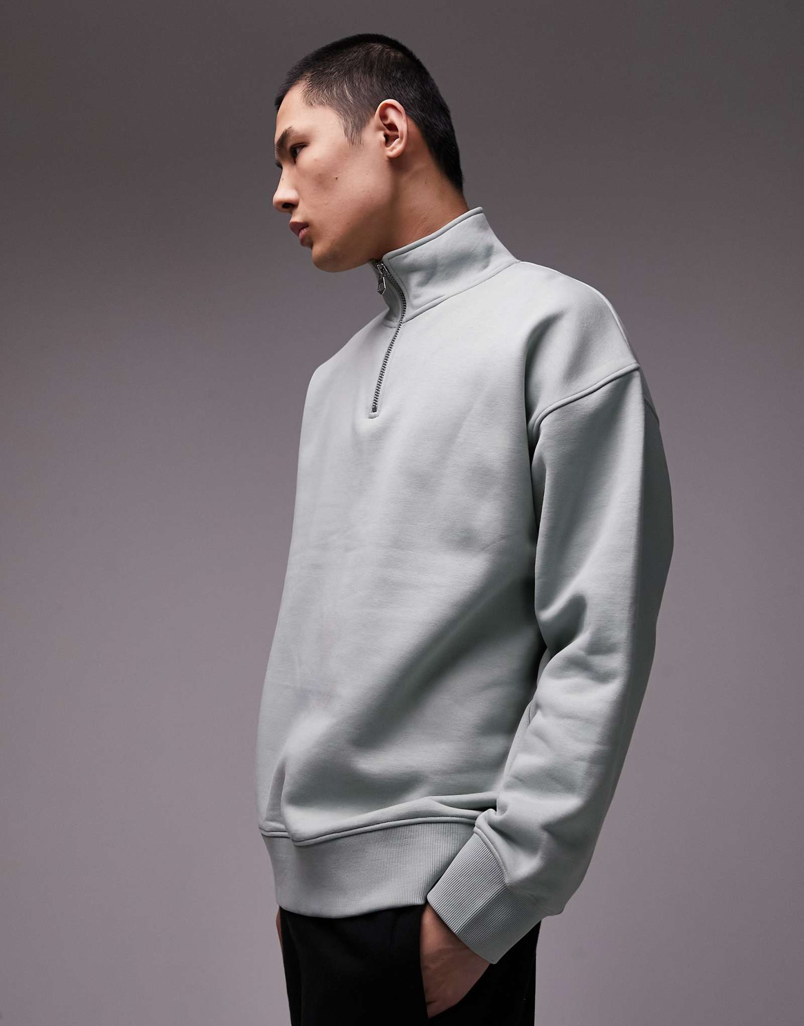 Толстовка Topman premium heavyweight oversize с молнией на воротнике цвета шалфея