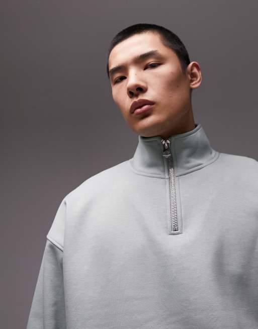 Topman premium heavyweight oversized 1/4 zip sweatshirt in sage, 2 of 4