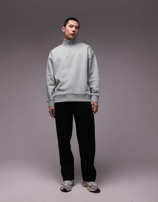 Topman premium heavyweight oversized 1/4 zip sweatshirt in sage, 3 of 4