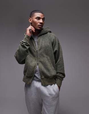 premium heavyweight oversized acid wash zip through hoodie in washed khaki-Green