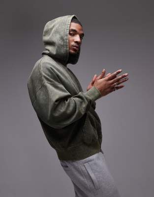 Topman premium heavyweight oversized acid wash zip through hoodie in washed khaki