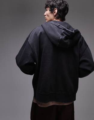 Topman premium heavyweight oversized fit acid wash zip through hoodie in washed black