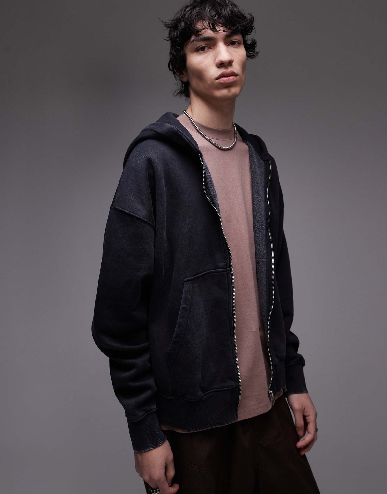 Толстовка Topman premium heavyweight oversize fit с капюшоном на молнии после кислотной стирки черного цвета