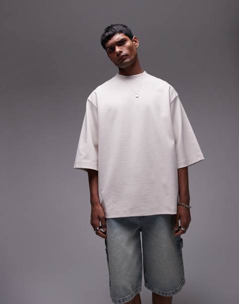 Topman premium heavyweight oversized fit mid sleeve t-shirt 300gsm in stone - view 1