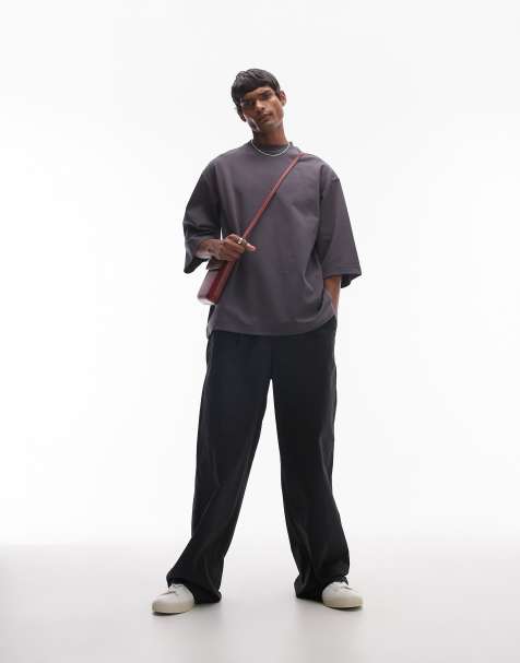 Topman premium heavyweight oversized fit mid sleeve t-shirt in charcoal - view 1