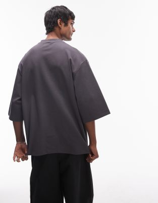 Topman premium heavyweight oversized fit mid sleeve T-shirt in charcoal