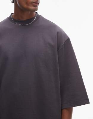 Topman premium heavyweight oversized fit mid sleeve T-shirt in charcoal