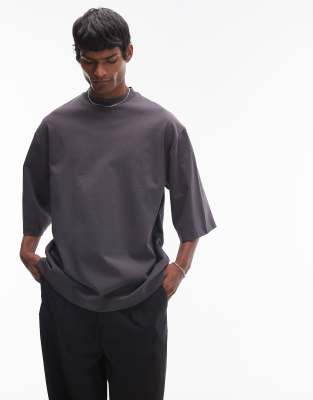 Topman premium heavyweight oversized fit mid sleeve T-shirt in charcoal