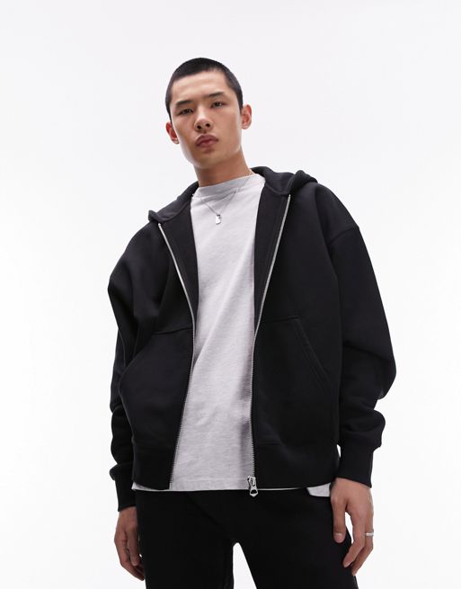  Topman premium heavyweight oversized full zip hoodie in black