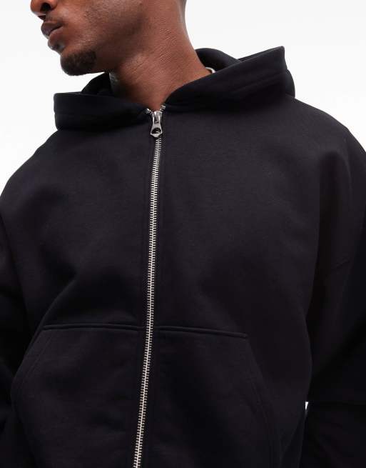 Topman premium heavyweight relaxed full zip hoodie in black