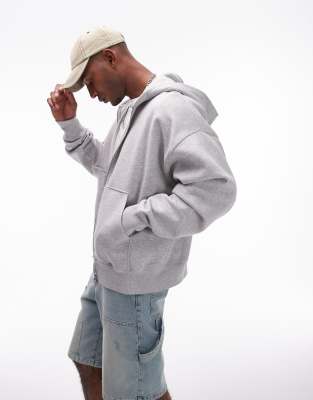 Topman Premium Heavyweight Oversized Full Zip Hoodie In Gray Heather