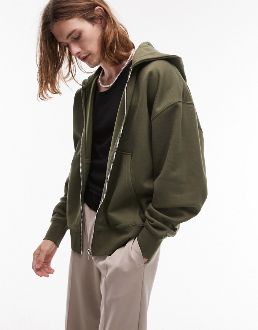 Topman premium heavyweight oversized full zip hoodie in khaki-Green