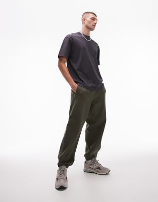 Topman Topman premium heavyweight oversized jogger in khaki-Green