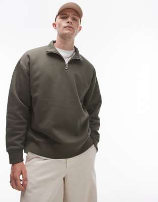 premium heavyweight oversized quarter zip sweatshirt in khaki-Green