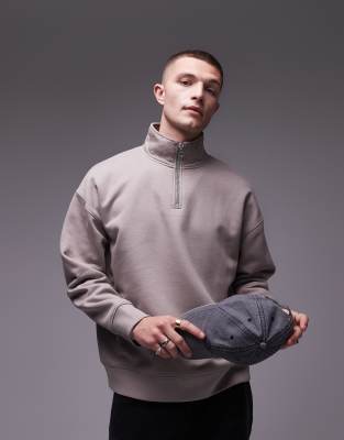 premium heavyweight oversized quarter zip sweatshirt in stone-Neutral