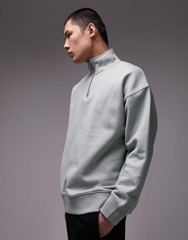 Topman - premium heavyweight relaxed 1/4 zip sweatshirt in sage