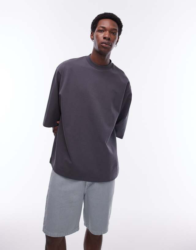 Topman - premium heavyweight relaxed fit mid sleeve t-shirt 300gsm in charcoal