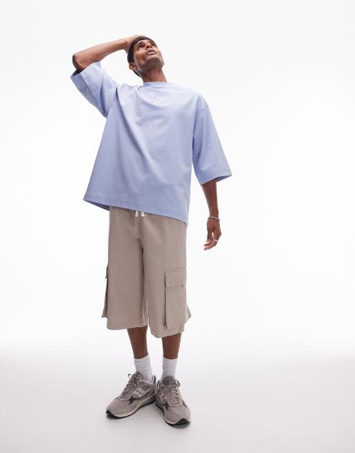 Topman premium heavyweight relaxed fit mid sleeve T-shirt 300gsm in light blue, 3 of 4