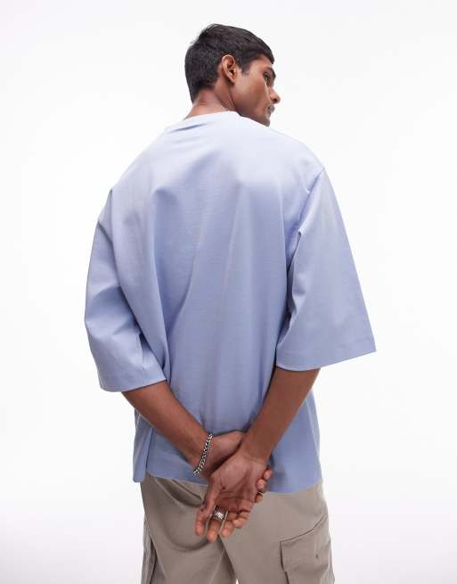 Topman premium heavyweight relaxed fit mid sleeve T-shirt 300gsm in light blue, 4 of 4