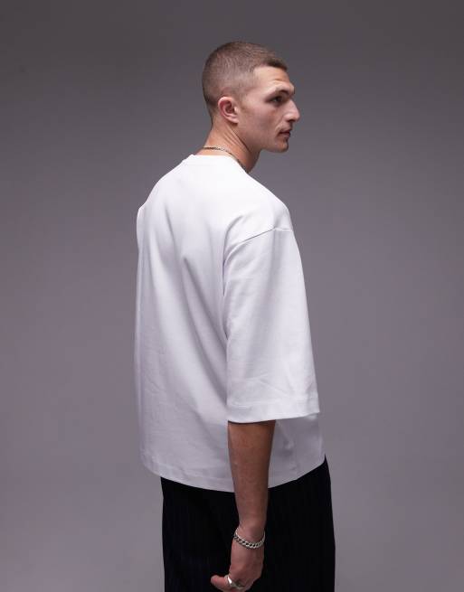 Topman premium heavyweight relaxed fit mid sleeve t-shirt 370gsm in white, 3 of 4