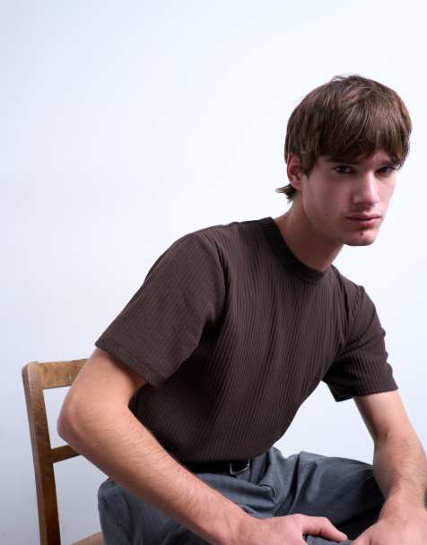 Topman premium heavyweight rib tee in brown - view 1