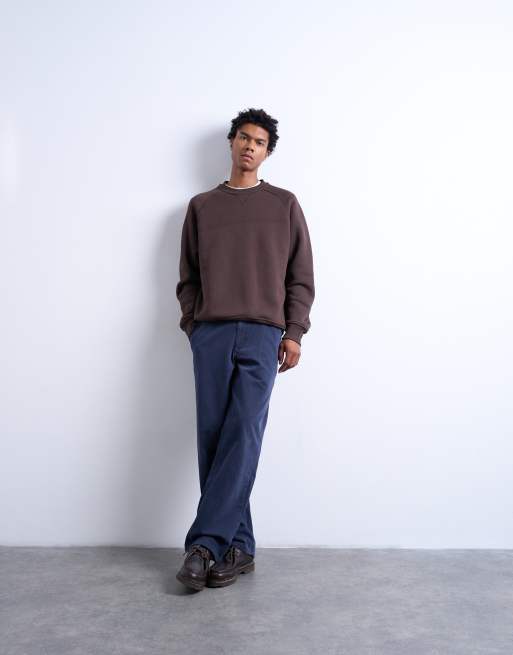 Topman premium heavyweight sporty raglan sweatshirt with raw seam in brown, 3 of 5