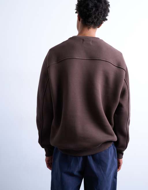 Topman premium heavyweight sporty raglan sweatshirt with raw seam in brown, 4 of 5