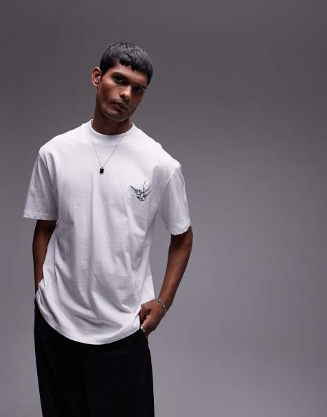 Topman - Premium - Hvid og oversized T-shirt med svalebroderi fortil og bagpå - view 1