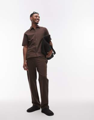 Topman Topman premium interlock straight leg jogger in brown