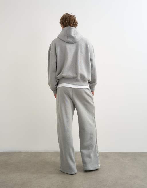 Topman premium jogger ampio in tessuto pesante con zip laterale integrale, grigio mélange, 5 di 5