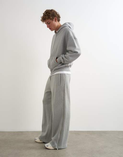Topman premium heavyweight full side zip wide leg jogger and boxy fit hoodie in grey marl, 2 z 3