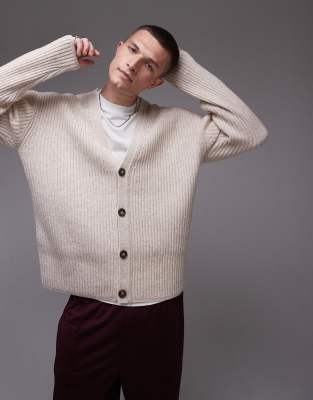 Topman Premium Lambs Wool Ribbed Cardigan In Stone-neutral